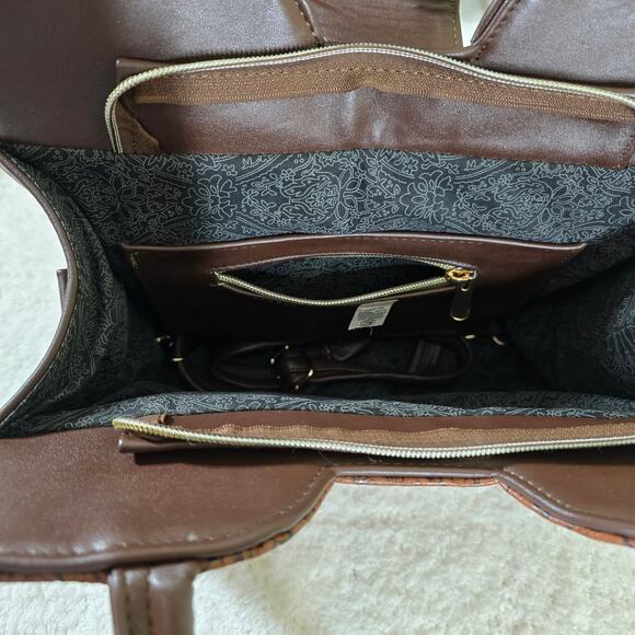 Mexican Hand-Tooled Floral Design Brown Leather Satchel Tote Bag - Picture 5 of 5